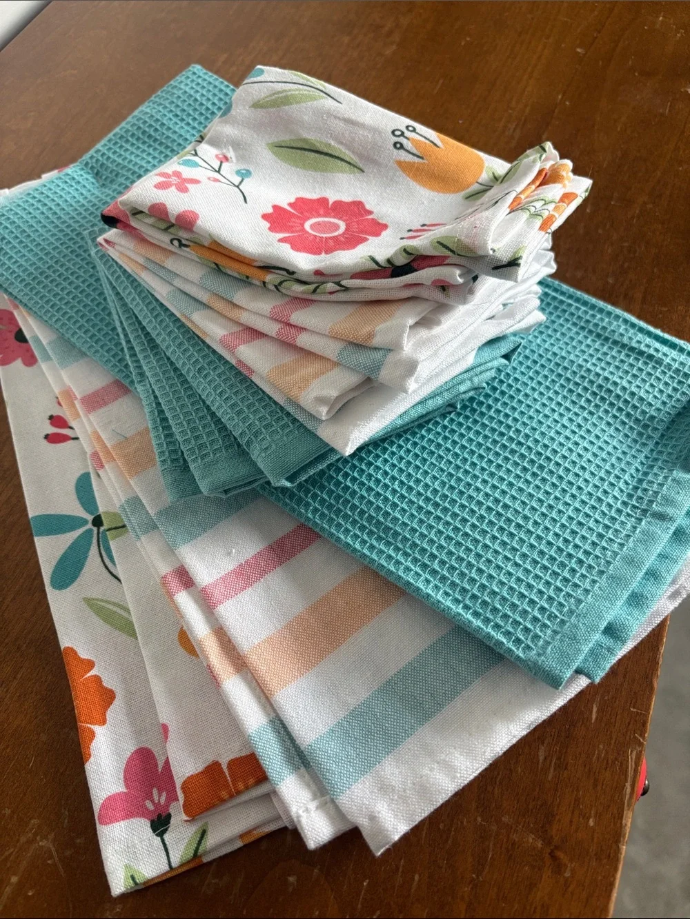 Turquoise Waffle & Floral Stripe Kitchen Towel Set